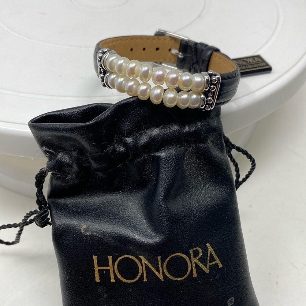 Honora Double strand freshwater pearl bracelet black leather band NEW with tag